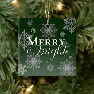Green Merry and Bright Snowflakes Christmas Ceramic Ornament
