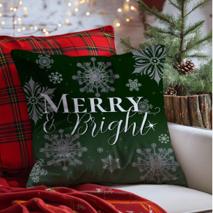 Green Merry and Bright Snowflakes Christmas Cushion