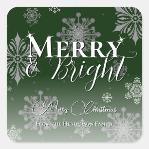Green Merry and Bright Snowflakes Christmas Square Sticker