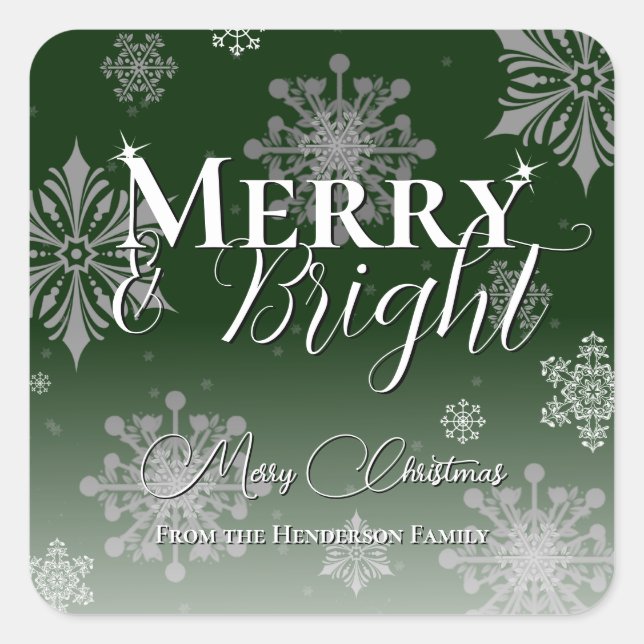 Green Merry and Bright Snowflakes Christmas Square Sticker (Front)