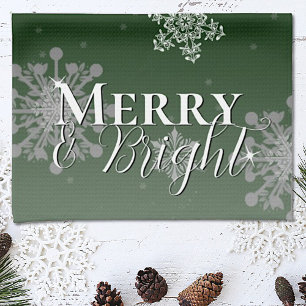 Green Merry and Bright Snowflakes Christmas Tea Towel