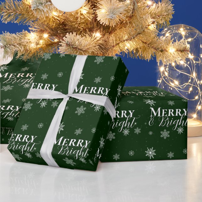 Green Merry and Bright Snowflakes Christmas Wrapping Paper (Holidays)
