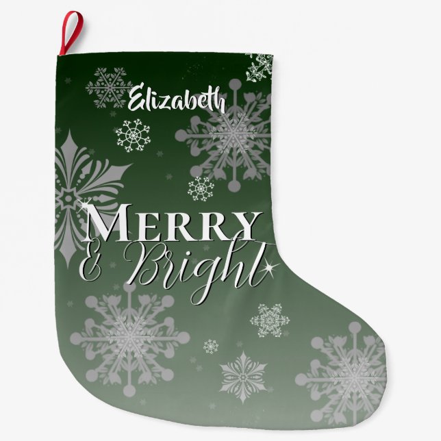 Green Merry and Bright Snowflakes Large Christmas Stocking (Front)