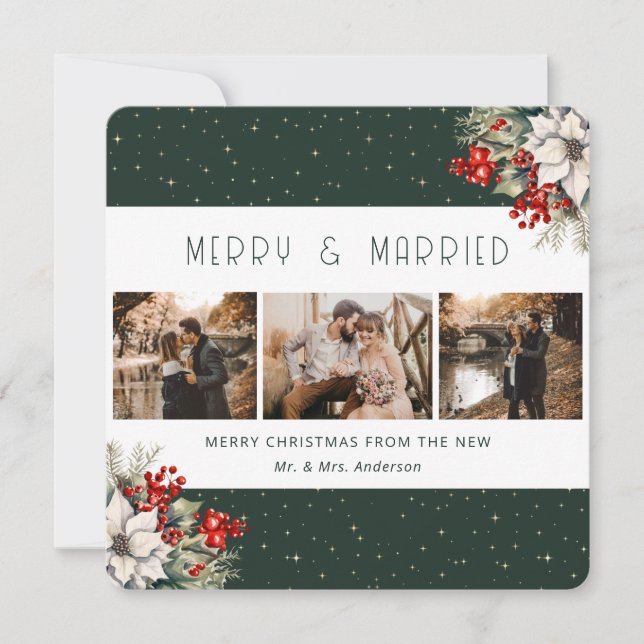 Green Merry and Married Botanical Christmas Card (Front)