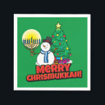 Green Merry Chrismukkah with Snowman and Menorah Napkin<br><div class="desc">Add our fun,  Snowman,  Menorah and Christmas tree designs with a green background to your Chrismukkah party this year.</div>