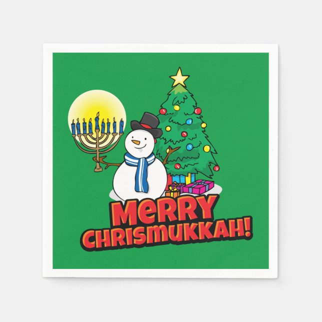 Green Merry Chrismukkah with Snowman and Menorah Napkin (Front)
