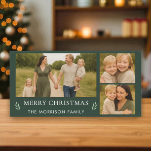 Green Merry Christmas 3 Photo Elegant Botanical  Holiday Card