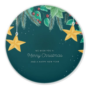 Green Merry Christmas and a Happy New Year Banner Ceramic Knob