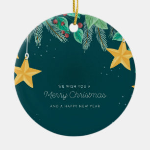 Green Merry Christmas and a Happy New Year Banner Ceramic Tree Decoration