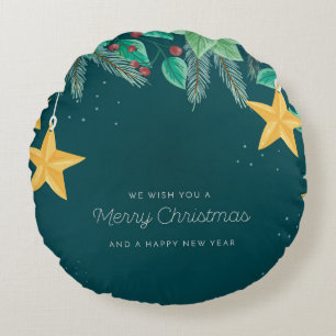 Green Merry Christmas and a Happy New Year Banner Round Cushion