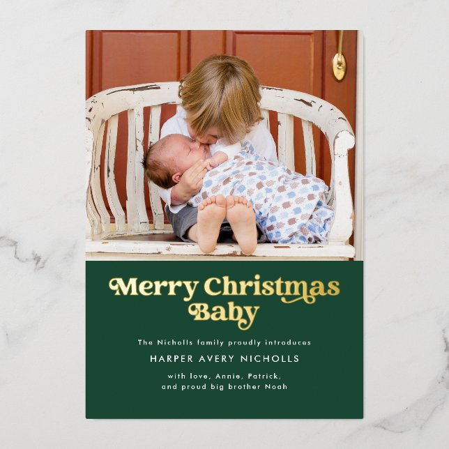 Green Merry Christmas Baby Foil Birth Announcement (Front)