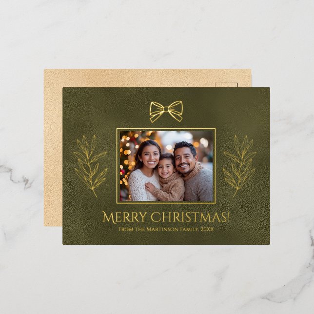 Green Merry Christmas Branches Bow Photo  Foil Holiday Postcard (Front/Back)
