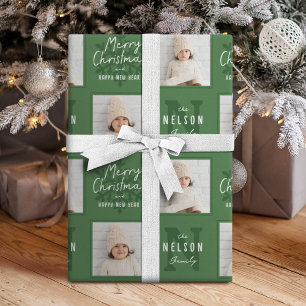 Green Merry Christmas Calligraphy Family 2 photo Wrapping Paper