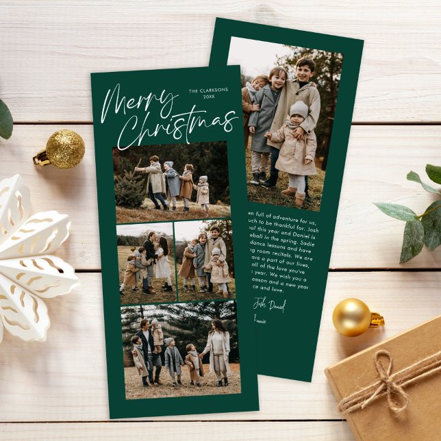 Green Merry Christmas Calligraphy Five Slim Photo Holiday Card (Creator Uploaded)
