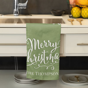 Green Merry Christmas Calligraphy Personalised Tea Towel