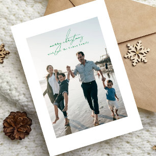 green merry christmas calligraphy photo frame holiday card