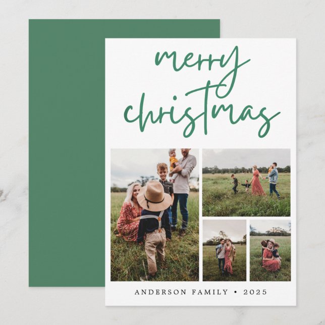 Green Merry Christmas Calligraphy Photo  Holiday Card (Front/Back)