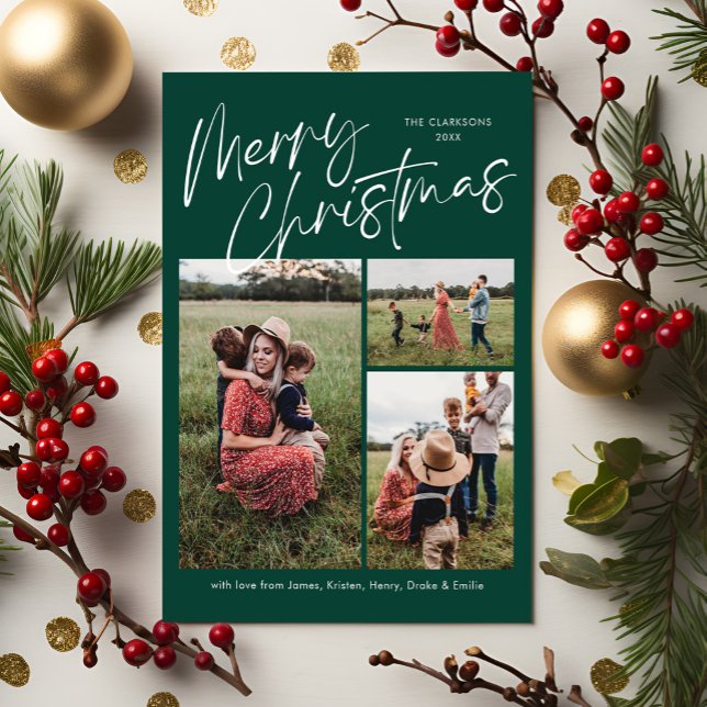 Green Merry Christmas Calligraphy Script 3 Photo Holiday Card (Creator Uploaded)
