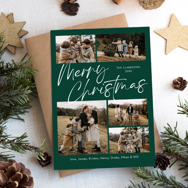 Green Merry Christmas Calligraphy Script 5 Photo Holiday Card (Creator Uploaded)