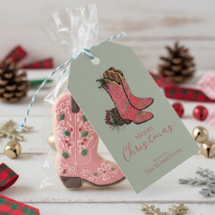 Green Merry Christmas Cowgirl Boots and Plaid Gift Tags