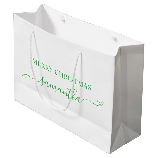 Green Merry Christmas Cute Bow Signature Name Large Gift Bag (Front Angled)
