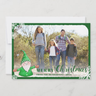 Green Merry Christmas Cute Gnome Family Photo Holiday Card