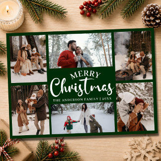 Green Merry Christmas Family Photo Collage Holiday Card