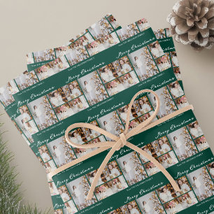 Green Merry Christmas Family Photo Collage Wrapping Paper Sheet