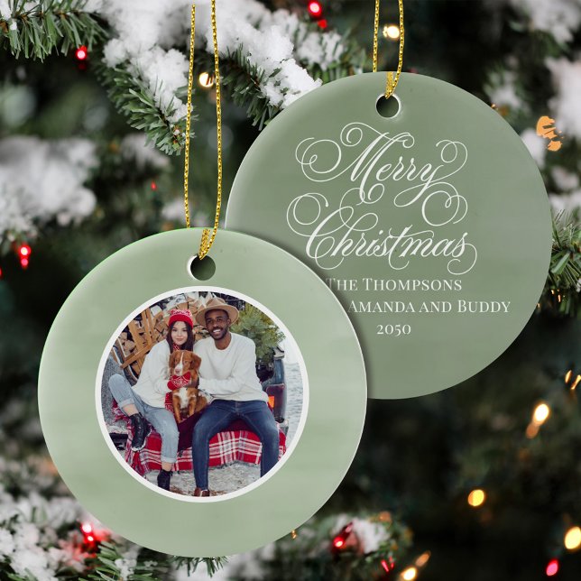 Green Merry Christmas Family Photo Custom Ceramic Tree Decoration (Merry Christmas Calligraphy Script Holiday Photo Ornament)
