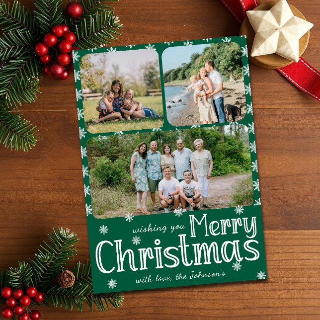 Green Merry Christmas Family Photos & Snowflake Holiday Card (Creator Uploaded)