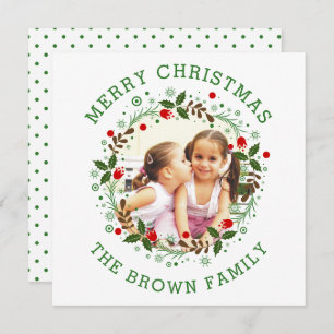 Green Merry Christmas, floral wreath photo Holiday Card