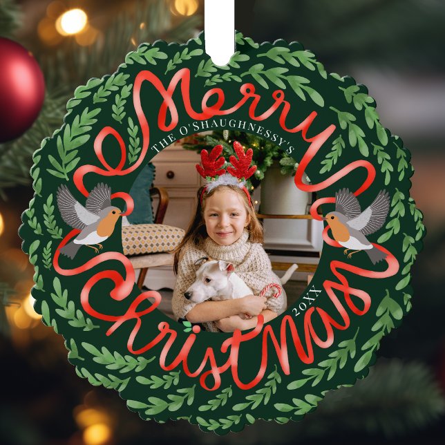 Green Merry Christmas Folk Foliage Wreath Photo Tree Decoration Card (Creator Uploaded)