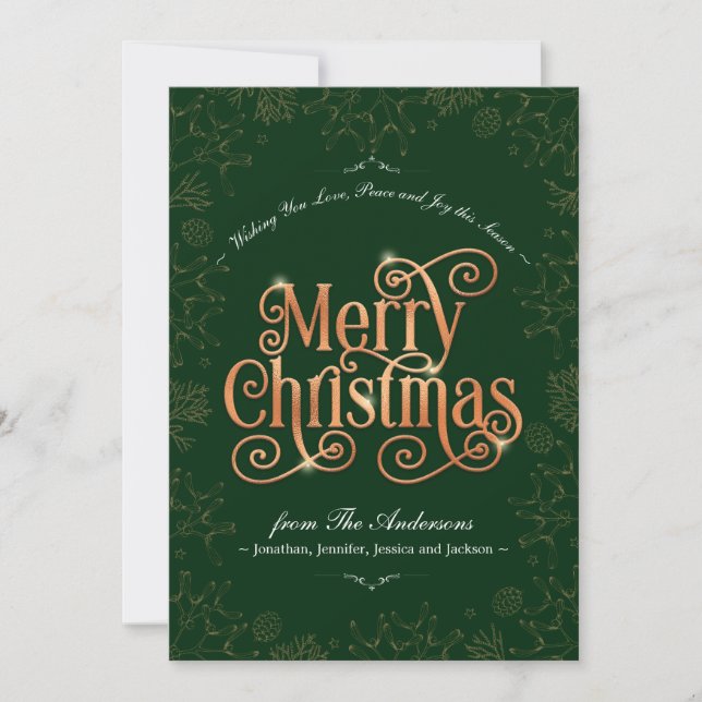 Green Merry Christmas Gold Text No-Photo Custom Holiday Card (Front)