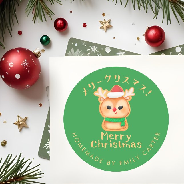 Green Merry Christmas Holiday Cookie Reindeer Classic Round Sticker (Creator Uploaded)
