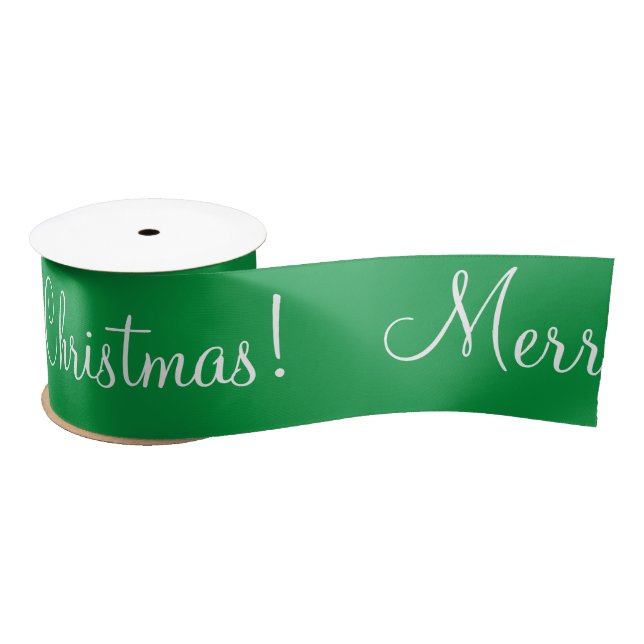 Green Merry Christmas Holiday Script Modern Satin  Ribbon (Spool)