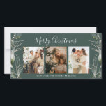 Green Merry Christmas Modern 3 Photo Holiday Card<br><div class="desc">Modern Christmas Photo Holiday Card in Green with Greenery and gold leaf details. Perfect modern photo xmas card for your family to send to your loved ones this Christmas. Matching invitation available.</div>
