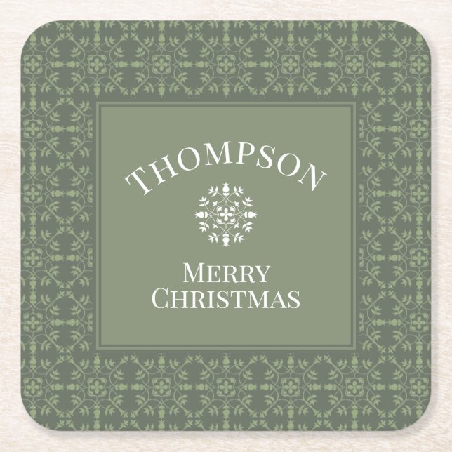 Green Merry Christmas Modern Elegant Snowflakes Square Paper Coaster (Front)