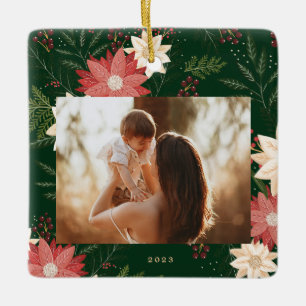 green merry christmas photo botanical frame ceramic ornament