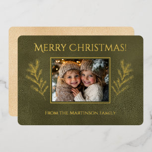 Green Merry Christmas Pine Branches Photo  Foil Holiday Card