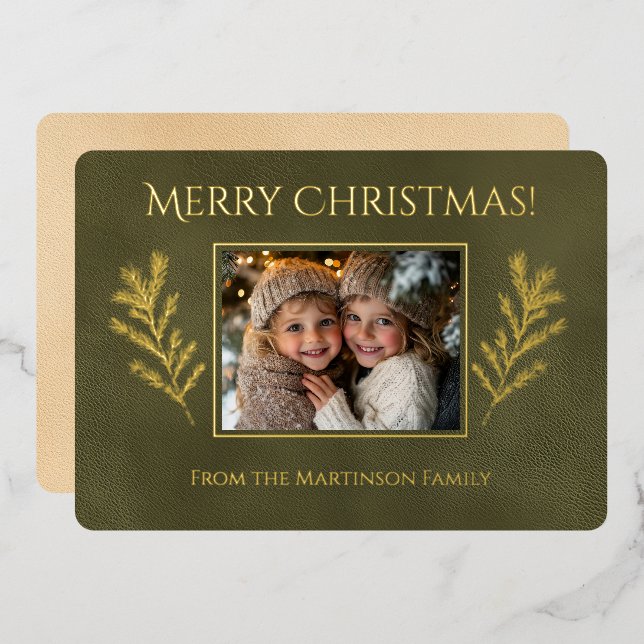 Green Merry Christmas Pine Branches Photo  Foil Holiday Card (Front/Back)