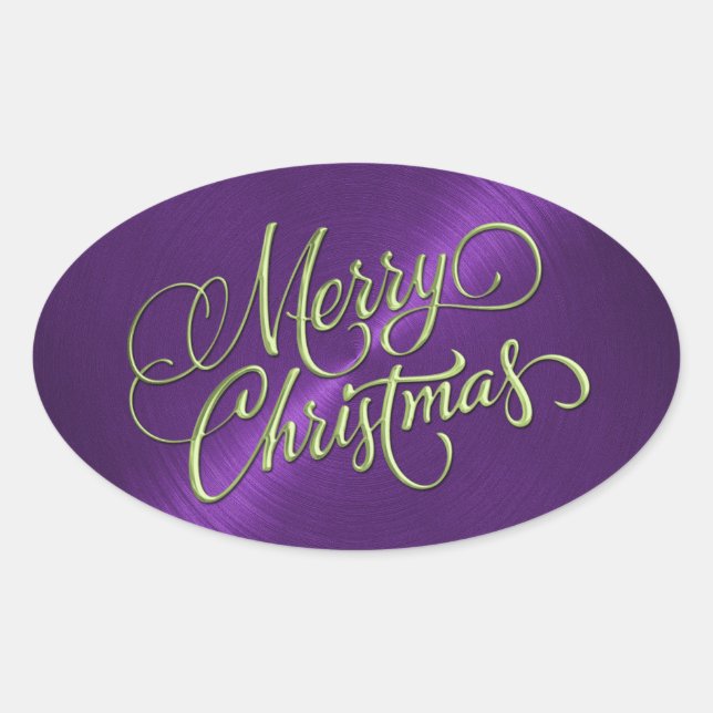 Green Merry Christmas Purple Embossed Look Oval Sticker (Front)