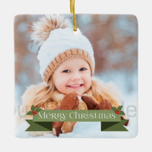 Green Merry Christmas Ribbon Ceramic Ornament