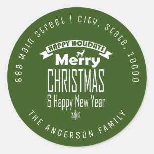 Green Merry Christmas Round Return Address Label