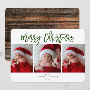 Green Merry Christmas Rustic Wood Holiday Photo Invitation