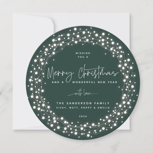Green Merry Christmas Script Sparkling Lights Holiday Card (Front)