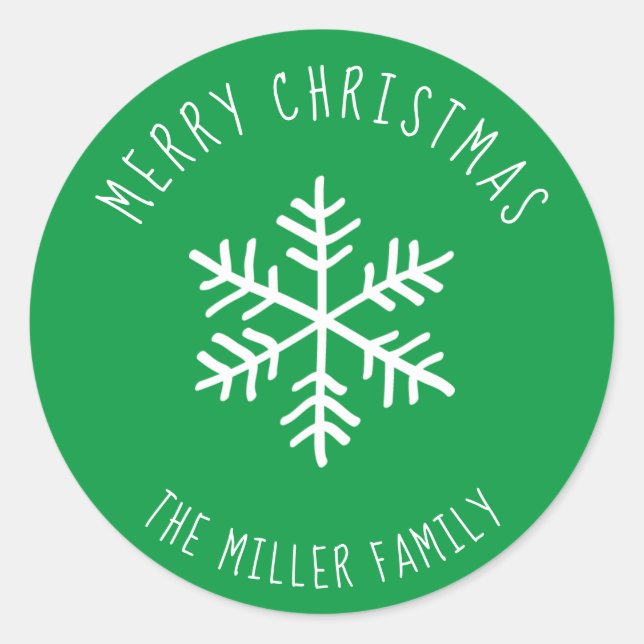 Green Merry Christmas Snowflake Personalised Classic Round Sticker (Front)