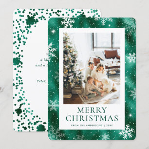 Green Merry Christmas Snowflake Snow Photo Holiday Card