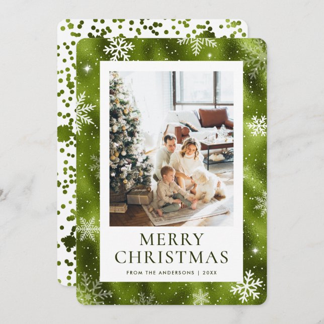Green Merry Christmas Snowflake Snow Photo Holiday Card (Front/Back)