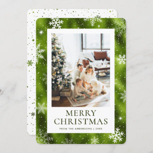 Green Merry Christmas Snowflake Snow Photo Holiday Card