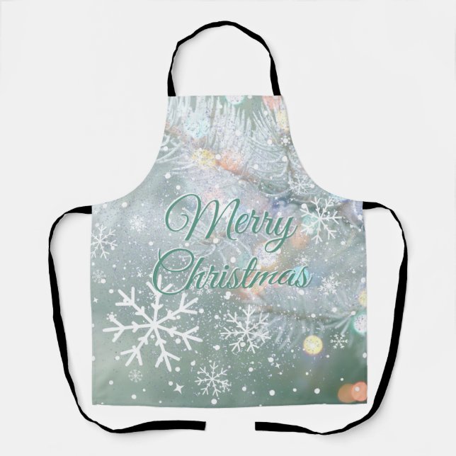 Green Merry Christmas Snowflakes  Apron (Front)